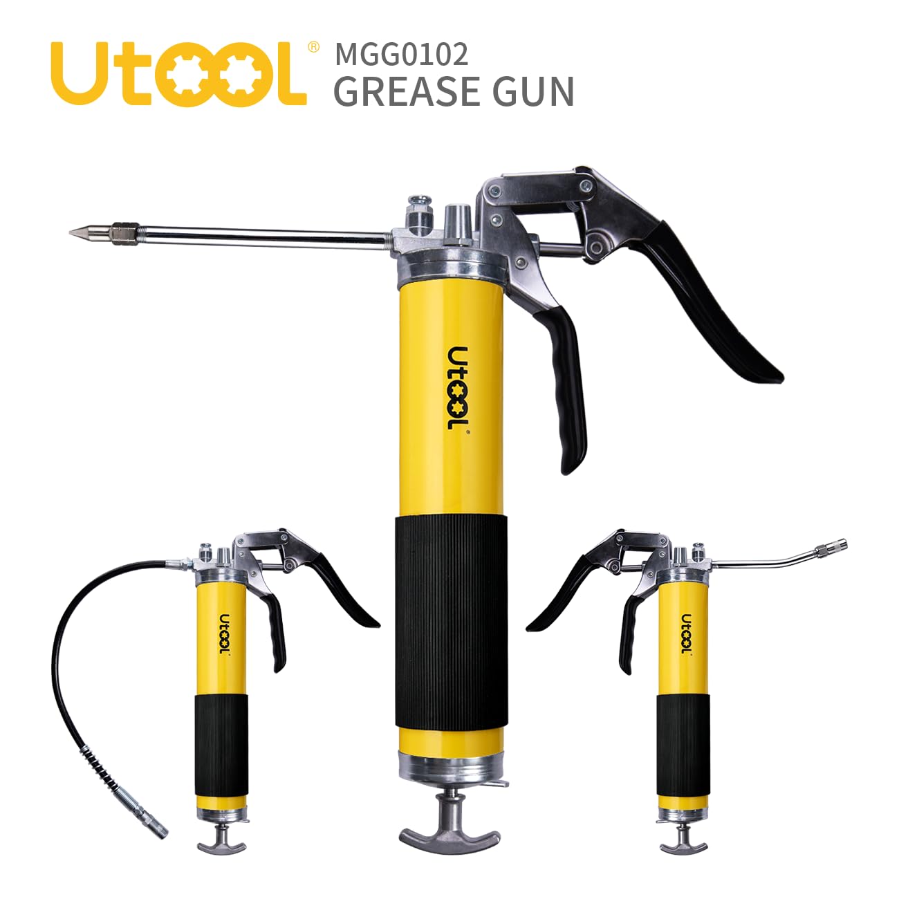 UTOOL Grease Gun, 8000 PSI Heavy Duty Pistol Grip Grease Gun Kit with 14 oz Capacity, 18 Inch Resin Flex Hose, 2 Basic Coupler, 2 Extension Rigid Pipe and 1 Sharp Type Nozzle, Argent Matte Finish