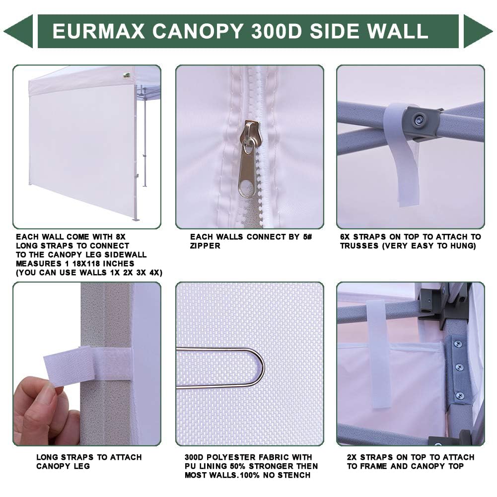Eurmax USA 10x10 Pop Up Canopy SunWall-UV Protection for Tents,Blocks Sunlight&Wind,Water Resistant Side Wall Only,Easy Hook & Loop Installation,Fit for 10FT Straight Leg Shelters&Gazebo,White