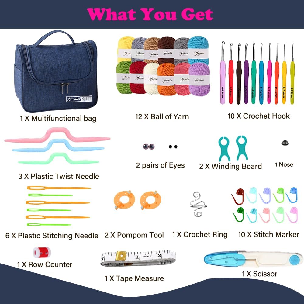 Yarniss Crochet Kits for Beginners,All in One Crochet Kits with 840 Yards Crochet Yarn,Ergonomic Crochet Hooks Set with Yarn for Adults,Navy