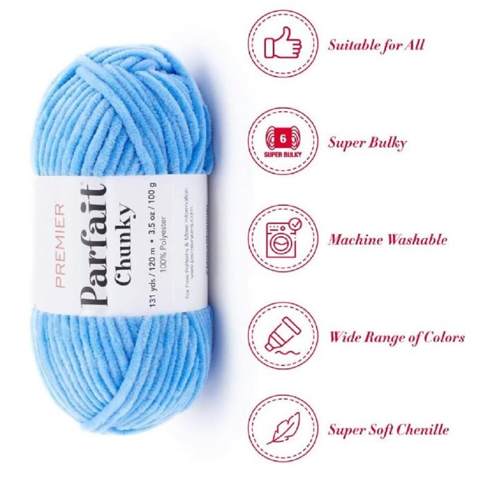 Premier Yarns Parfait Chunky Chenille Yarn 3.5 Oz 6 Super Bulky Weight 3 Pack Bundle with Bella's Stitch Place Holders (Blue)