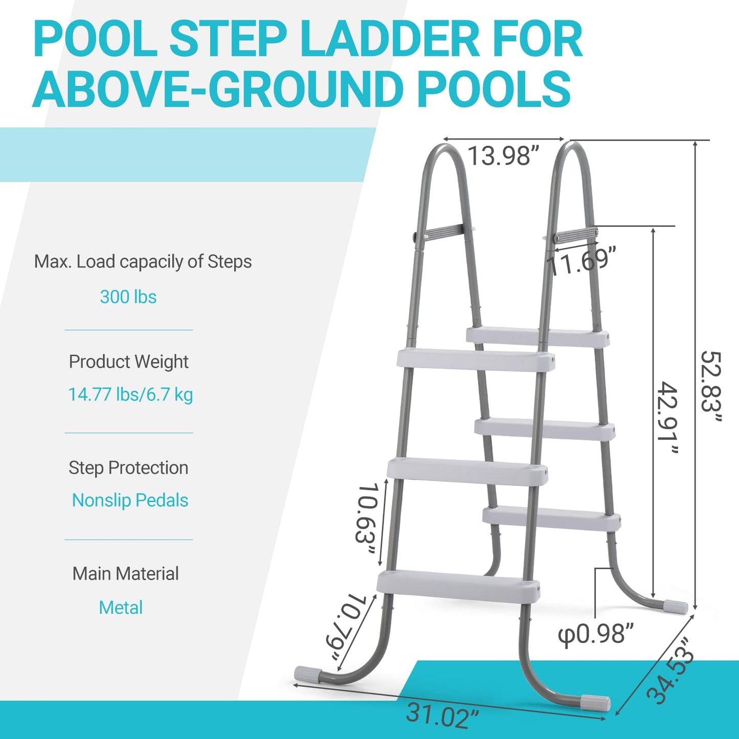 Outvita Above Ground Pool Ladder, 3-Step Steel A-Frame Swimming Pool Stairs for 42" High Wall, 300 lbs Capacity Entry/Exit Steps with Secure Non-Slip Sturdy Wide Step