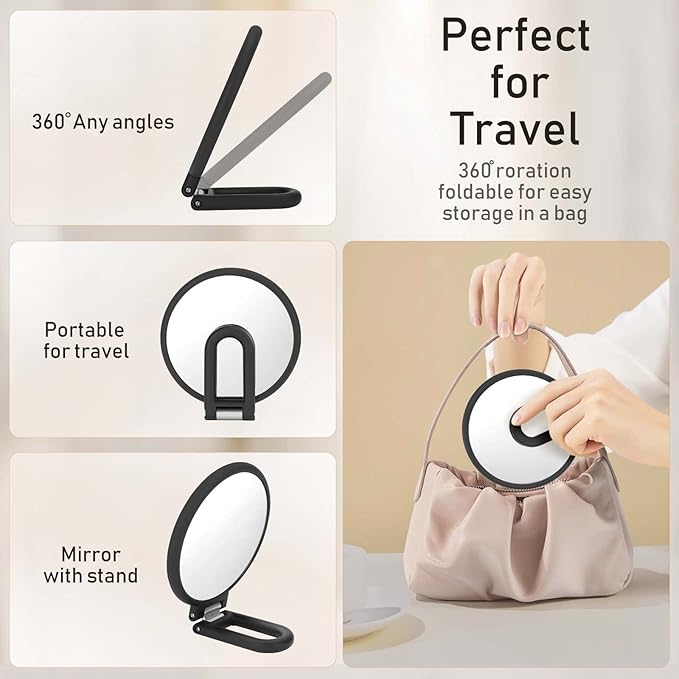 Magnifying Handheld Mirror Double Sided, 1X 15X Magnification Hand Mirrors, Travel Folding Hand Held Mirror, 360°Rotation Pedestal Makeup Vanity Mirror