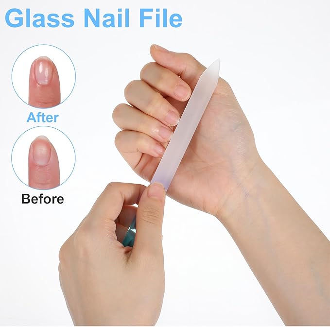4 Pcs Glass Nail File and Cuticle Pusher Set, Gradient Blue Double Sided Crystal Nail Buffers for Natural Nails and Acrylic Nails Manicure Pedicure Tools