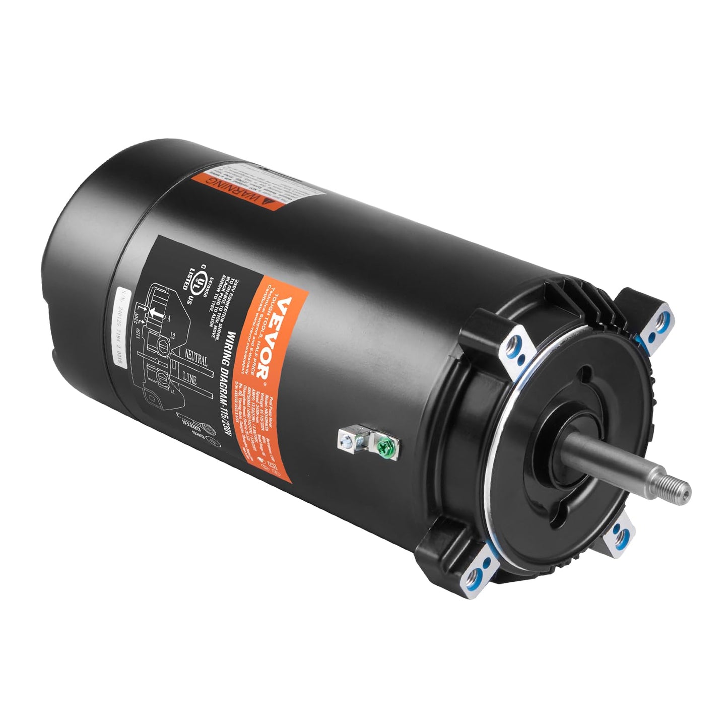 VEVOR 1.5 HP Pool Pump Motor, 56J Frame, 115V(13.6 Amps)/230V(6.8 Amps) 3450 RPM, 60Hz, 1.3 Service Factor, 90μF/250V Capacitor, CCW Rotation Round Flange Replacement Motor
