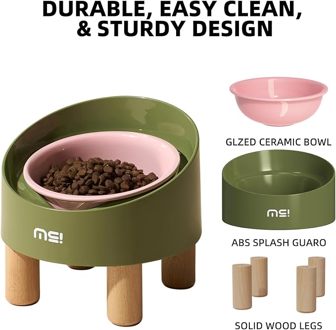 MS!MAKE SURE Cat Bowls, Adjustable Elevated Ceramic Cat Bowls with Anti-Slip Rubber Pad, Splash Guard, Lead & Cadmium Free, Whisker Friendly, for Puppies & Cats - 5.1" Wide, 295ML (10 oz), Pink-Green