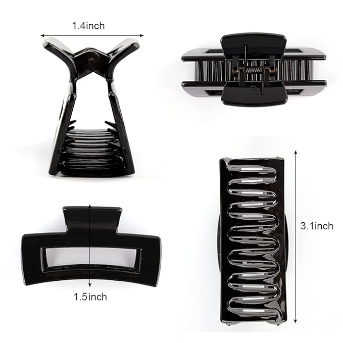 Canitor 4Pcs 3.1 inch Black Hair Clips Claw Clips for Thin and Medium Hair - Acrylic Rectangular French Design Jaw Clips