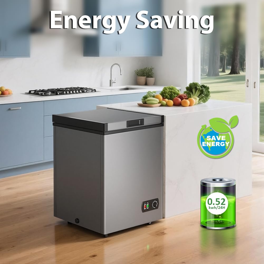 LifePlus Chest Freezer 4.2 Cubic Feet with Removable Storage Basket, Deep Freezer 7 Adjustable Temperature, Energy Saving, Super Quiet for Garage, Office, Kitchen, or Apartment