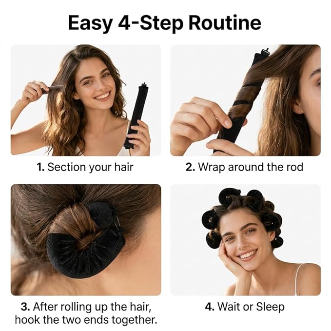 Overnight Heatless Hair Curler Blowout Rods Jumbo, Heatless Curls Satin Flexi Rods for Overnight Sleeping, No Heat Curling Tool for All Hair Types, Soft Heatless Hair Curler (BlackÃ¯Â¼Â4 Rods)