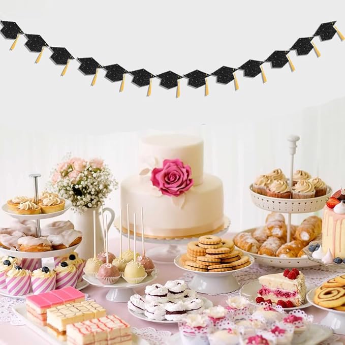 Graduation Decoration Banners 2026 Black Glitter Graduation Hats with Tassel Banners Garlands Class of 2026 Banners for College High School Graduate Party Decorations