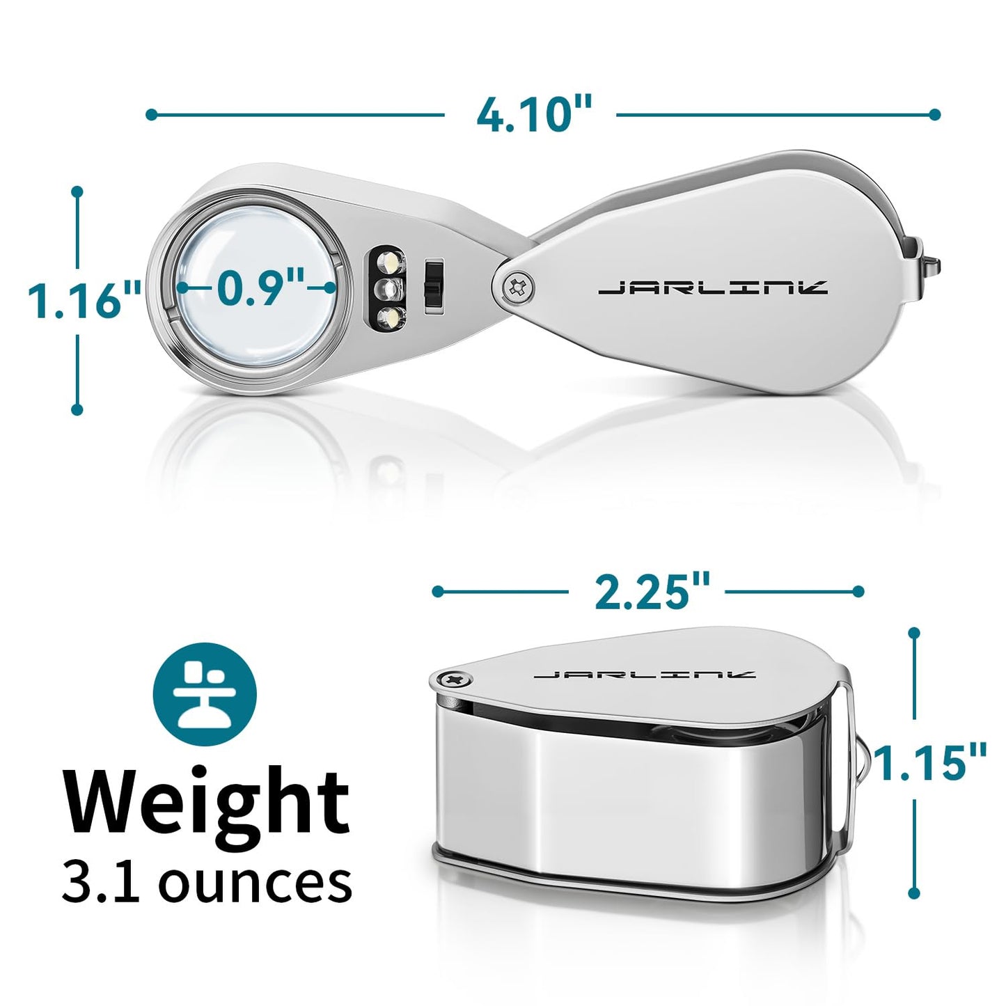 JARLINK 2 Pack 40X Jewelers Loupe Magnifier with Metal Construction, LED/UV Illuminated Magnifying Glass Foldable for Gems, Jewelry, Coins, Stamps