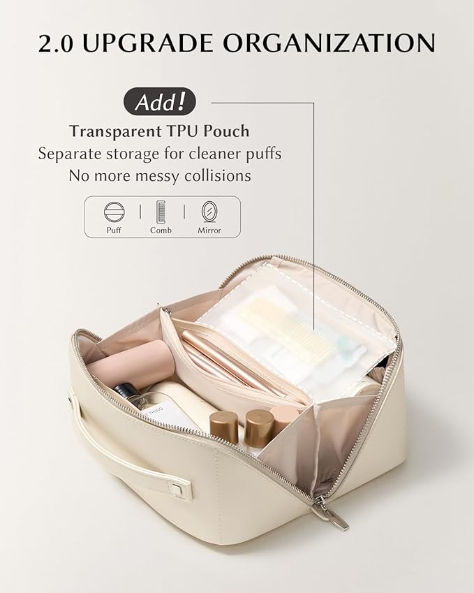 EACHY Travel Makeup Bag, Large Capacity Cosmetic Bag for Women, Waterproof PU Leather, Flat Open Portable Toiletry Bag for Skincare, Brushes & Travel Essentials