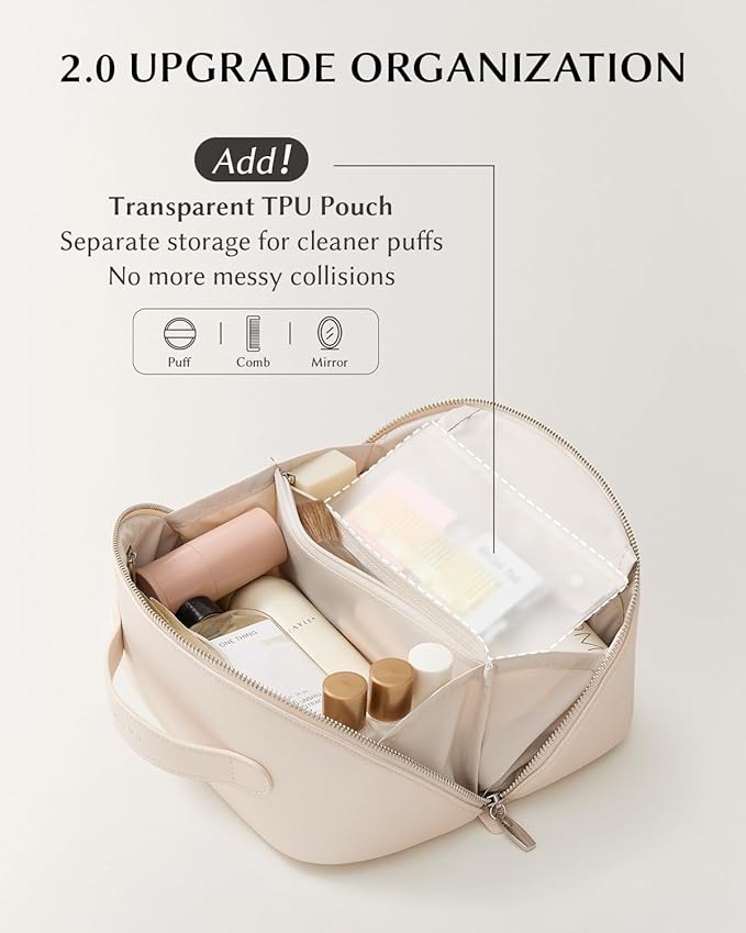 EACHY Travel Makeup Bag, Large Capacity Cosmetic Bag for Women, Waterproof PU Leather, Flat Open Portable Toiletry Bag for Skincare, Brushes & Travel Essentials
