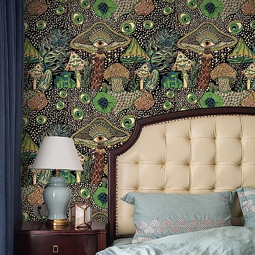 WENMER Peel and Stick Floral Boho Mushroom Wallpaper - Self Adhesive Contact Paper for Bedroom Bathroom 17.7in x 9.8ft