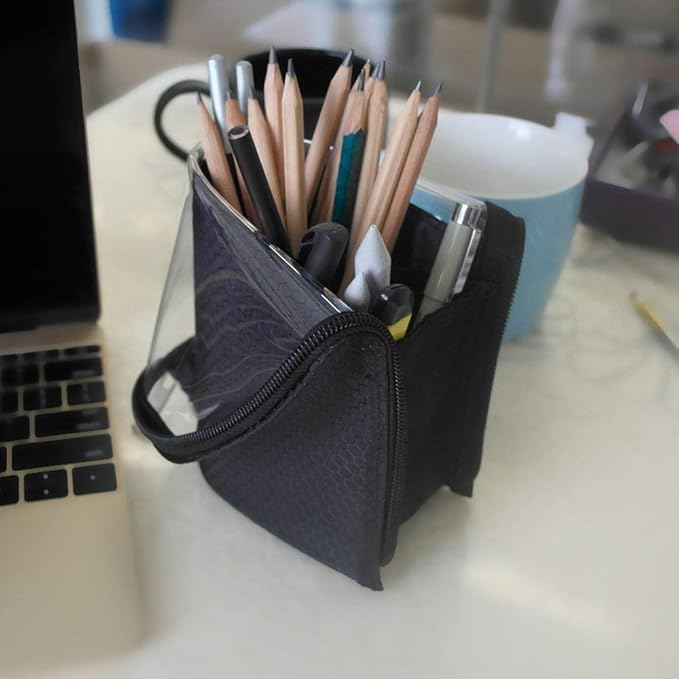 Black Travel Makeup Brush Holder 2-Pack, Organizer Bag Clear Plastic Cosmetic Zipper Pouch Portable Waterproof Dust-Free Stand-Up Small Toiletry Stationery Bag with Divider