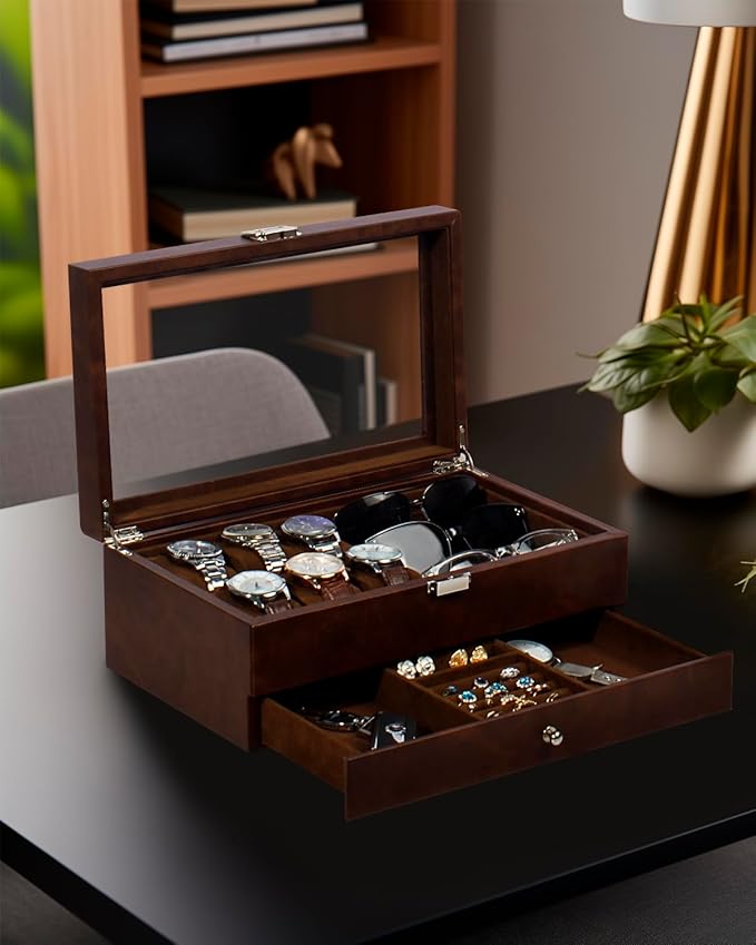 GUKA Watch box, 6 Slot Watch Case, 3 Slot Sunglass Organizer, Watch Cases for men with Real Glass Lid, Watch Organizer storage with Jewelry Case, Birthday for Men and Women,