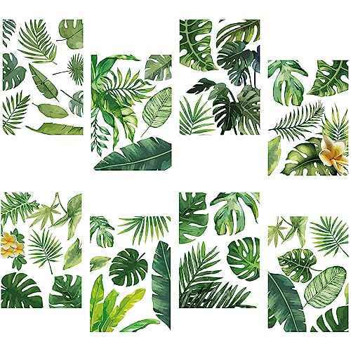 CRASPIRE 8 Sheets Green Leaf Window Stickers Tropical Leaves PVC Waterproof Self Adhesive Summer Wall Decals Natural Palm Plant Rectangle Removable for Stairway Home Decoration TV Wall Art