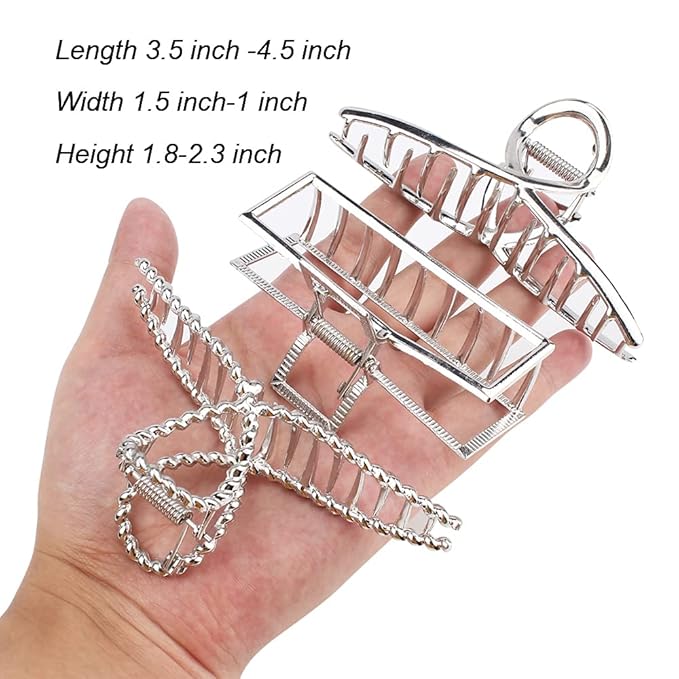 Large Metal Butterfly Hair Clips with Teeth - Big Jaw Grip Clamps for Thick Hair, Non-Slip Silver Clamps for Women