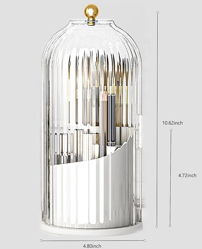 360°Rotating Makeup Brushes holder with Lid，Make Up Organizers and Storage for Vanity Countertop or Bedroom Dresser（Transparent white）