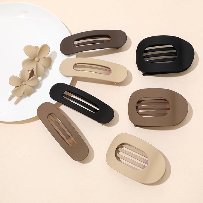 12 Pack Flat Hair Clips for Women-3 Styles Matte Neutral Flat Claw Clips, Black, Blonde,Light Brown & Dark Brown, French Duckbill Styling Accessories (Matte Neutral-5)