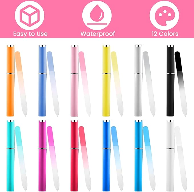24 Pcs Crystal Glass Nail Files with Case Bulk Manicure for Women Mom Professional Glass Nail File Double Sided, Mothers Day (12 Colors)