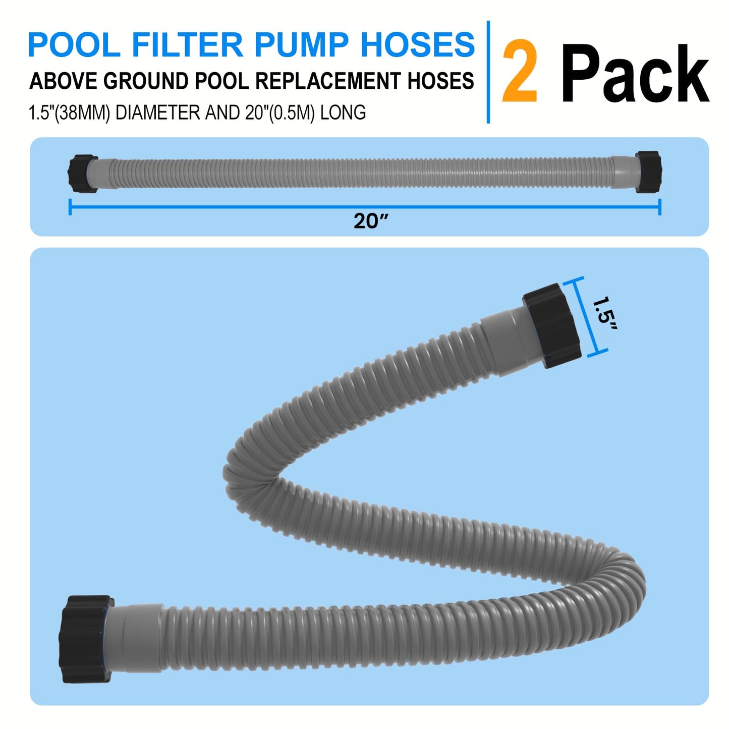 1.5" x 20" Pool Hose Replacement, Pack of 2 - Compatible with Above Ground Pools Filter Pump Hoses, Sand Filters, Saltwater Systems (1,500-2,500 GPH), Grey