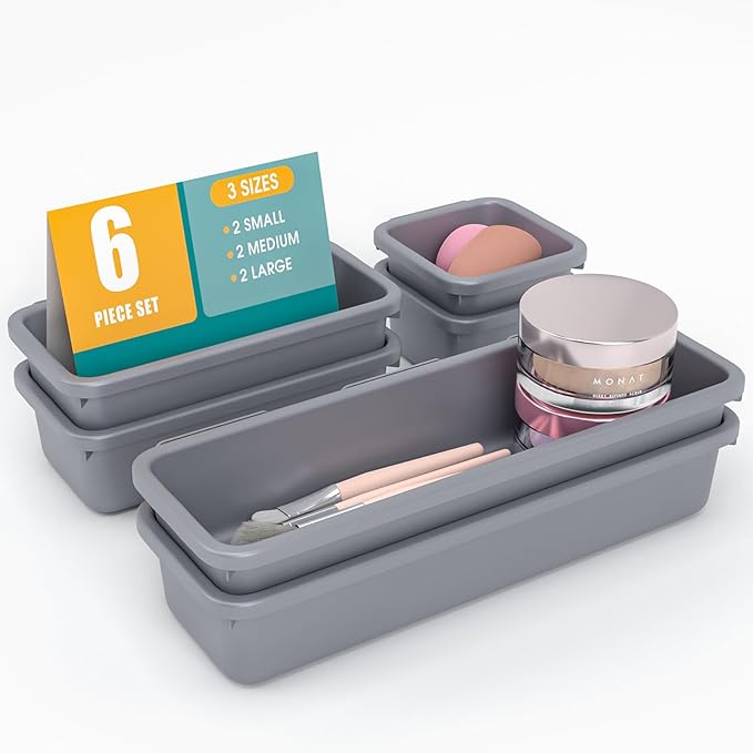 6 PCS Drawer Organizer Set, 3 Size Makeup Drawer Divider Organizer With Non-Slip Pads, Interlocking Plastic Storage Bins for Office,Jewelry Vanity,Gadgets, Bathroom,Kitchen, Grey