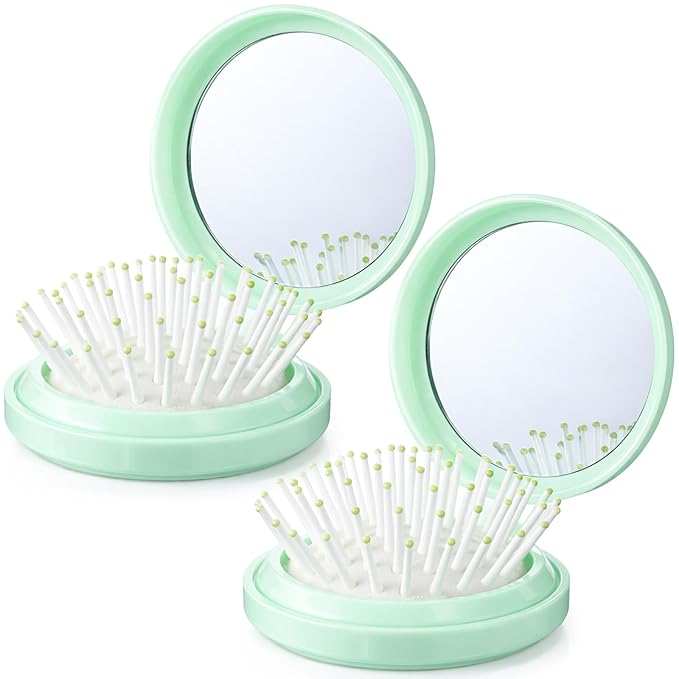 Boao 2 Pack Foldable Travel Mirror Hair Brushes Round Portable Folding Pocket Hair Brush Mini Comb Compact Travel Size Massage Comb for Men Women (Green,Round)