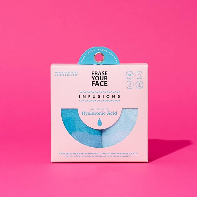 ERASE YOUR FACE Infusions Reusable Makeup Remover Cloths - Hydrating Makeup Wipes Infused with Hyaluronic Acid - Water Activated & Suitable for Sensitive Skin (2 Count)