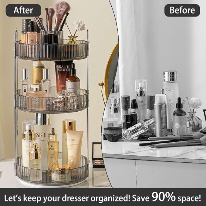 Rotating Makeup Organizer for Vanity, High-Capacity Skincare Clear Make Up Storage Perfume Organizers Cosmetic Dresser Organizer Countertop 360 Spinning (Gray, New-3 Tier)