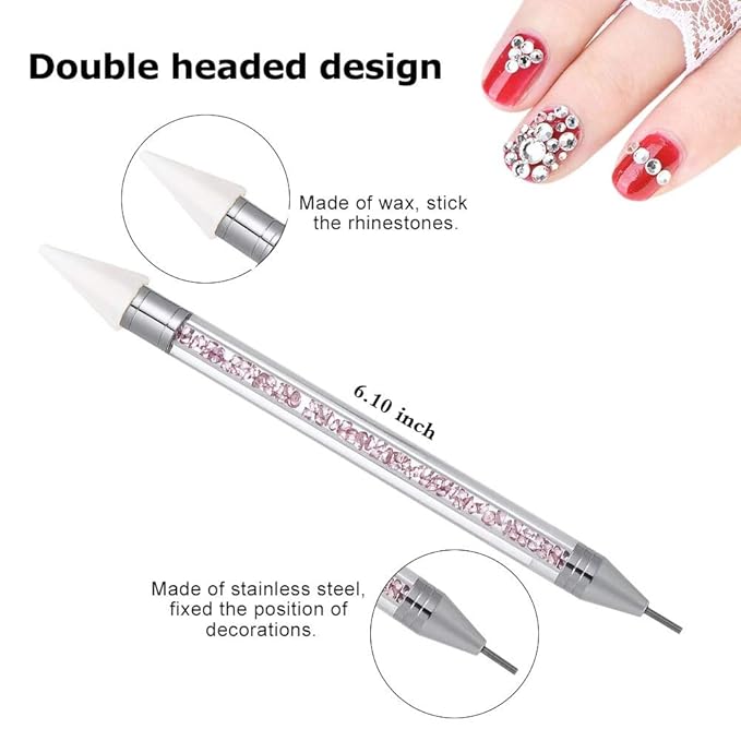 Nail Rhinestone Picker Dotting Tool with Extra 2 Wax Head, Dual-ended DIY Nail Art Tool With Pink Acrylic Handle (PURPLE)