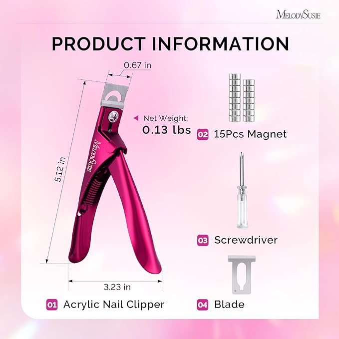 MelodySusie Acrylic Nail Clippers with 15pcs Magnet Sizers, Professional Nail Clippers Cutters for Long Acrylic Gel Nails Tips, Adjustable Stainless Nail Trimmer, Manicure Tool for Salon Home, Plum