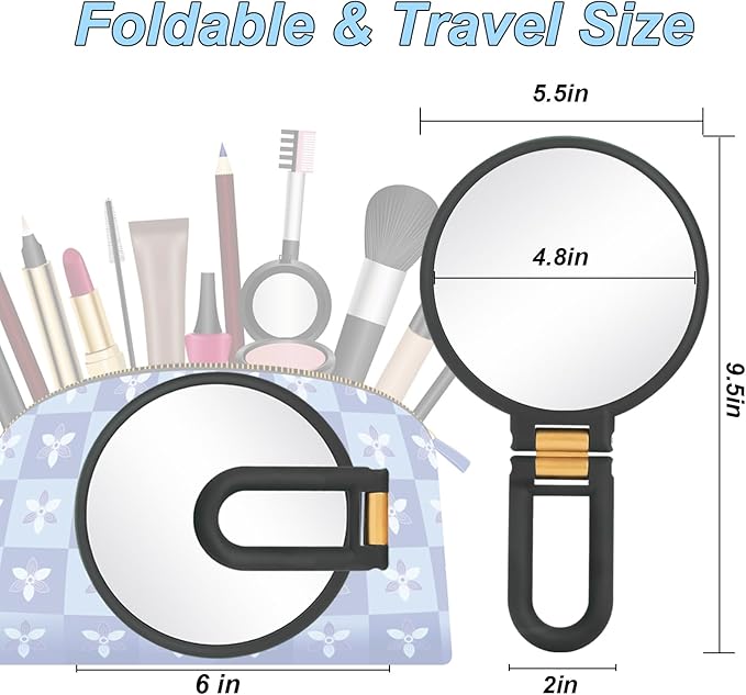 1x 20x Magnifying Travel Mirror, Hand Mirror with Handle - Double Side Hand Held Mirror with 1x 20x Magnification & Foldable Handle, Portable Travel Makeup Hand Mirror for Women (Black)