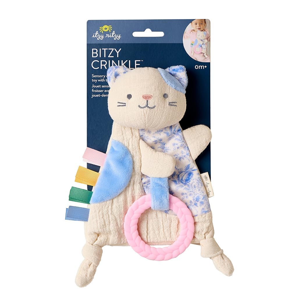 Itzy Ritzy - Bitzy Crinkle Sensory Toy for Babies & Toddlers — Features Crinkle Sound, Soft Braided Teething Toy Ring & Textured Ribbons — Gender Neutral Baby Item for Ages 0 Months & Up, Kitty