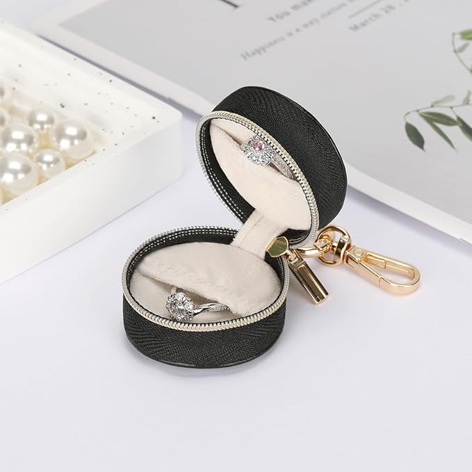 Jewelry Ring Holder Box with Keychain, Portable Gym Jewelry Storage Box Case, Small Travel Ring Earring Stud Necklace Storage Case (Black)