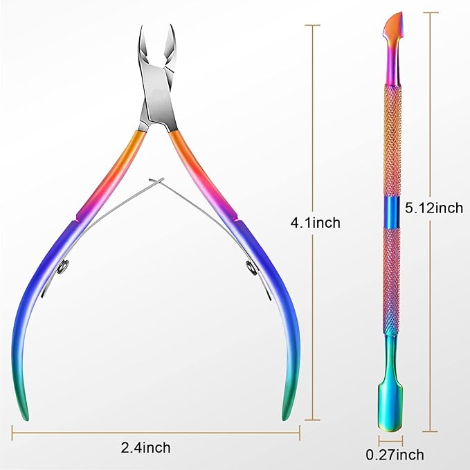 Easkep Cuticle Trimmer with Cuticle Pusher, Cuticle Remover Professional Stainless Steel Cuticle Cutter Nippers Rainbow Sharp Sturdy Pedicure Manicure Tools for Fingernails and Toenails 1