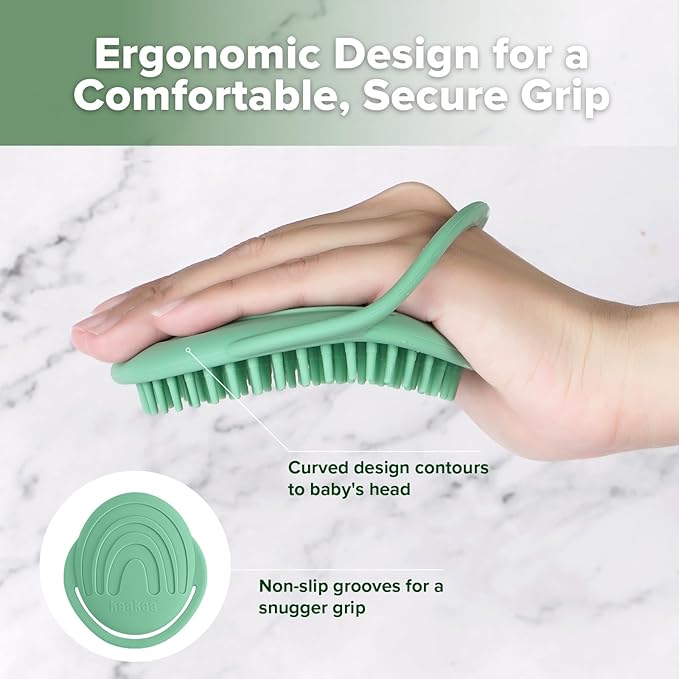 haakaa Silicone Shampoo Brush - Cradle Cap Brush Comb - Baby Hair Scrubber - Baby Bath Essentials - 1pk-Pea Green