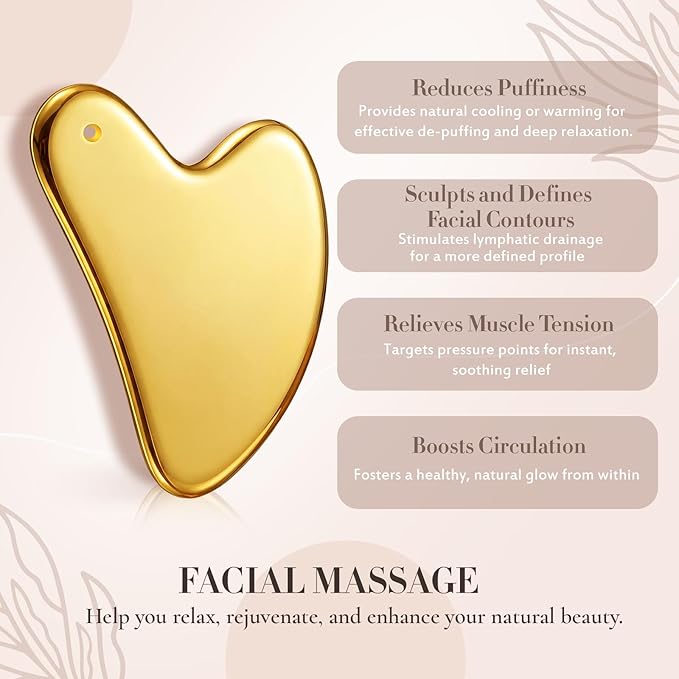 Nuanchu Stainless Steel Gua Sha Facial Tools Metal Guasha Tool for Face Body Jawline Shaper, Double Chin Reducer, Puffiness Reducing, Lymphatic Drainage Massager Skin Care Gift with Pouch(Gold)