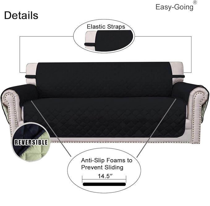 Easy-Going Reversible Oversized Couch Cover for 3 Cushion Couch Sofa Cover for Dogs Water Resistant Furniture Protector Cover with Foam Sticks for Pet (Oversized Sofa, Black/Beige)