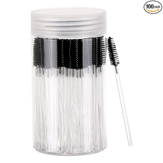 100 Pcs Disposable Mascara Wands, Crystal Eyebrow Spoolies Brush for Eyelash Extensions, Makeup Applicators Kits Eyelash Brush with Container (Black)