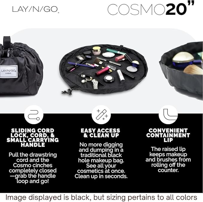 Lay-n-Go Cosmo Drawstring Cosmetic & Makeup Bag Organizer - Portable Drawstring Makeup Bag w/Zipper Pocket, Makeup Loops & More - Durable, Machine Washable Toiletry Bag (20", Floral Large)
