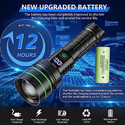 RFICUH Flashlight High Lumens Rechargeable, 60W Super Bright 2000 Lumen XHM77.2 Led High Power Tactical Brightest Flash Light, Handheld Emergency Flashlights for Camping Hiking