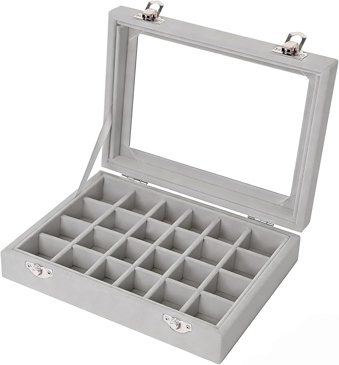 Velvet Jewelry Box 24 Grid Jewelry Earrings Display Organiser Box Ring Tray Holder Earrings Storage Case for Girls Women Wife Mom (Gray)