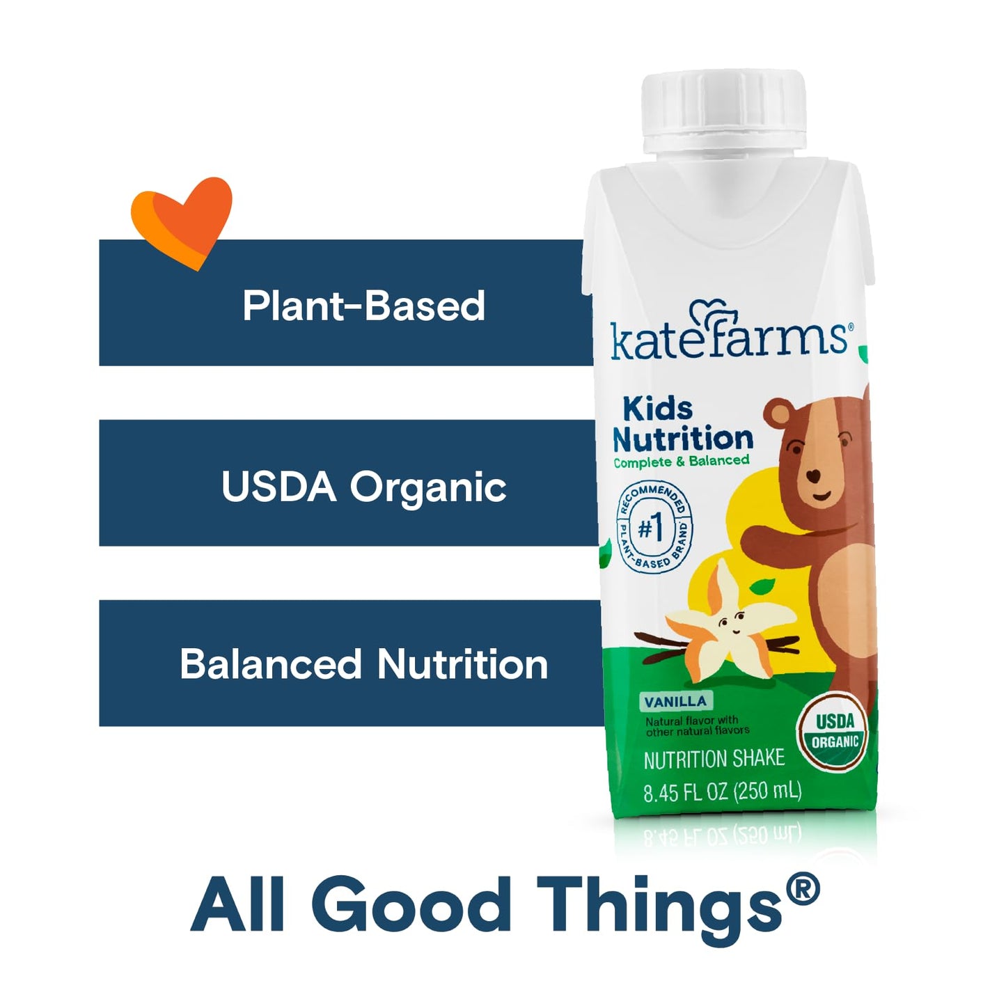 KATE FARMS Organic Kids Nutrition Vanilla Shake, 8g Protein, 27 Vitamins and Minerals, Meal Replacement, Gluten Free, Non-GMO, 8.45 oz (12 Pack)
