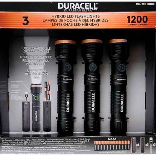 Duracell Durabeam Ultra Hybrid LED Flashlights, 1200 Lumens, Set of 3, with Rechargeable and AAA Alkaline Batteries