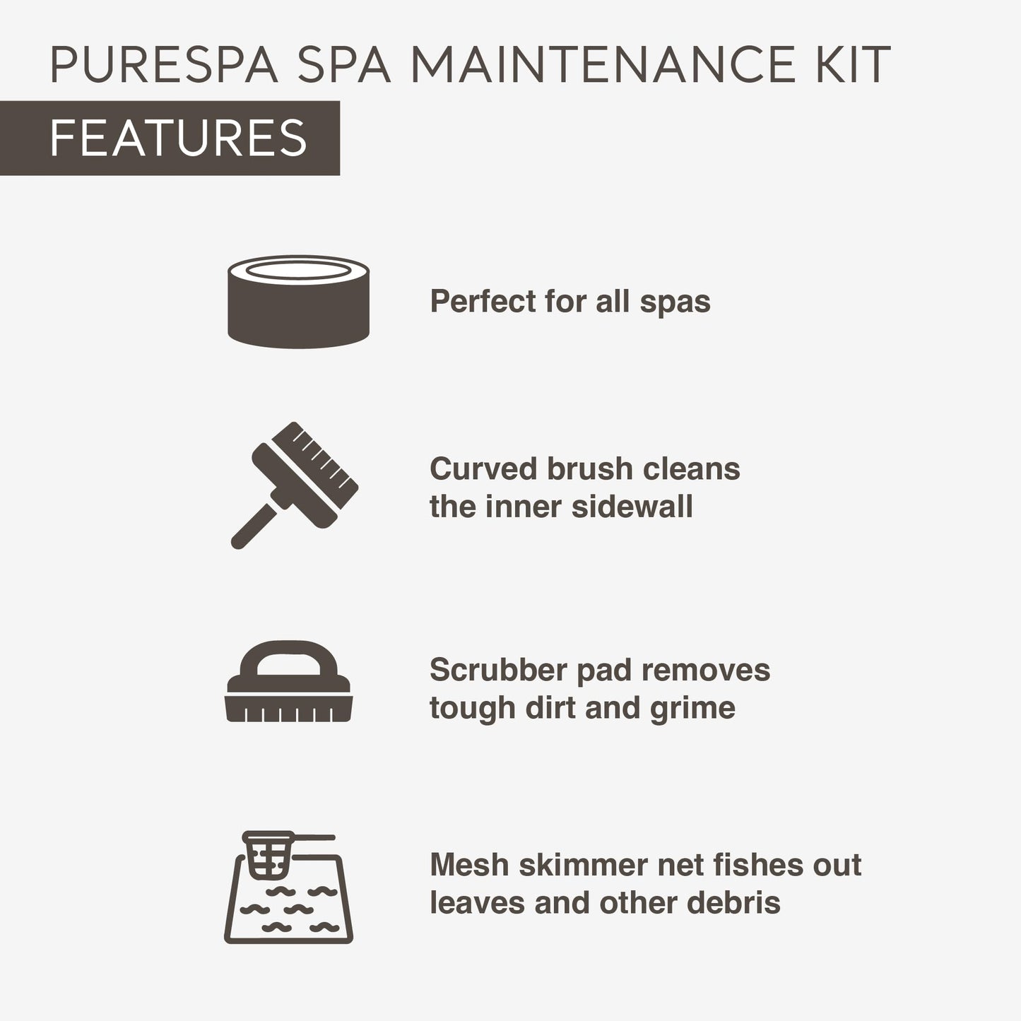 Intex PureSpa Hot Tub and Spa Maintenance Accessory Kit with Curved Brush, Mesh Net Skimmer, and Scrubber for Inflatable PureSpa Home Hot Tubs