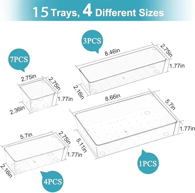 15 Pack Clear Plastic Drawer Organizer Set - 4 Sizes Makeup Vanity Organizer Chest of Drawers Storage Stackable Organizers Bins Divider Box for kitchens, Bedrooms, Bathrooms, Offices, Junk, Gadgets