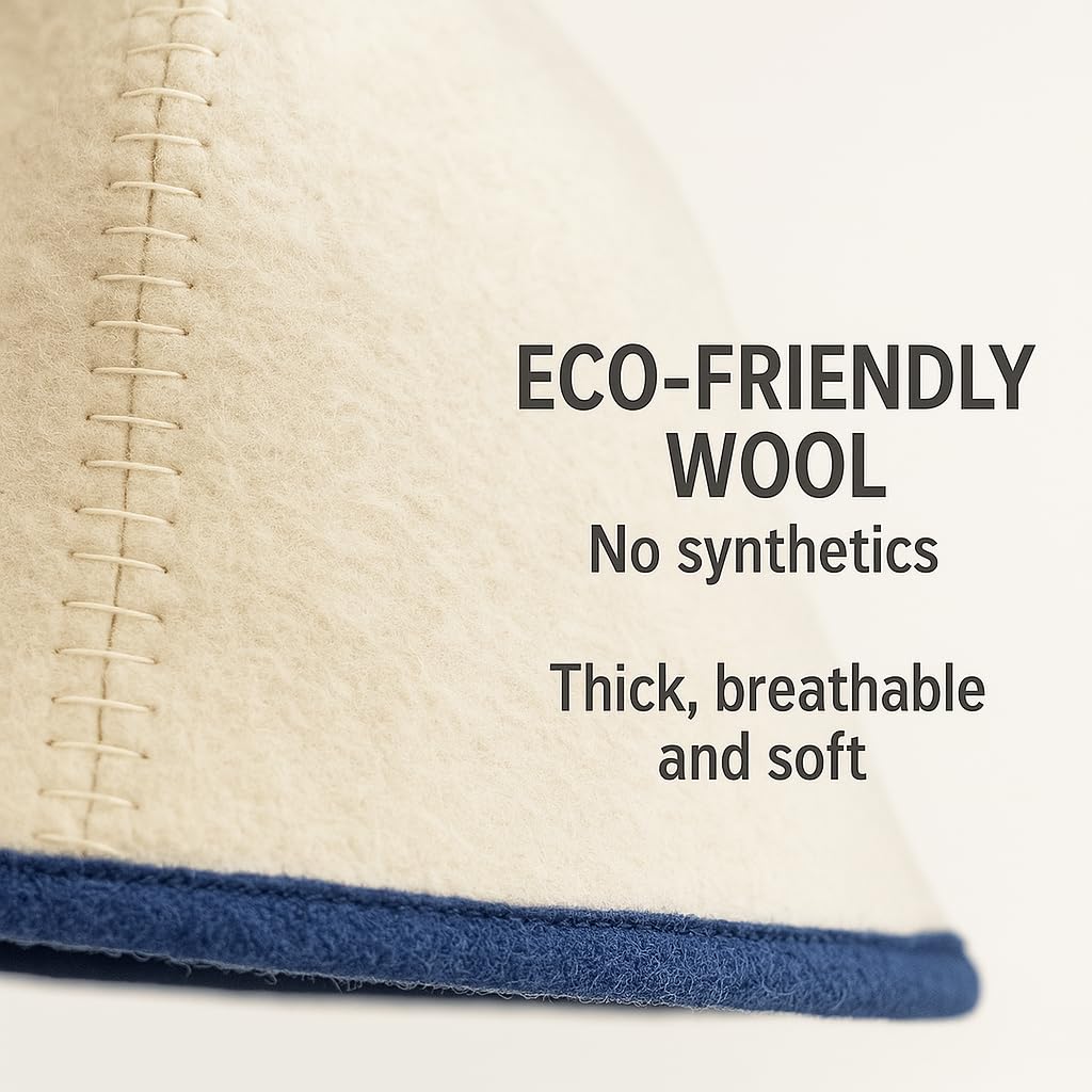 Premium Sauna Hat – 100% Natural Wool, Handmade Sauna Headwear for Men and Women – Eco-Friendly, Breathable, Insulating Hat for Sauna, Steam Room, Banya, and Bathhouse – One Size Fits All, White-Blue