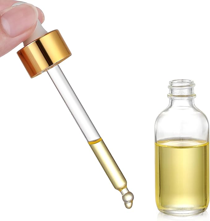 AOZITA Set of 4, 2 oz Golden Cap Clear Dropper Bottles (60ml) with 1 Funnel & 4 Labels - Glass Tincture Bottles for Essential Oils with Eye Droppers - Leak Proof Travel Bottles for Liquids