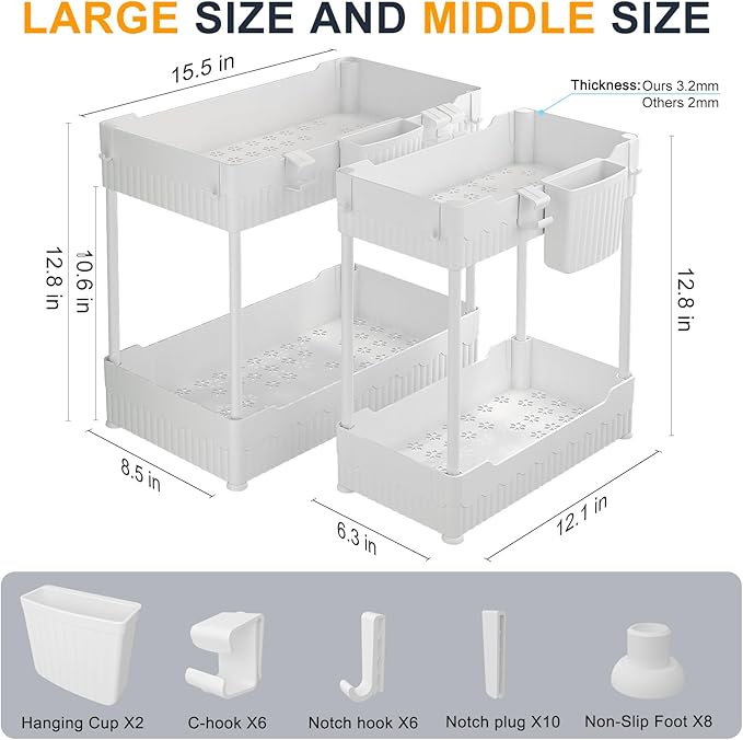 Sevenblue 2 Pack Under Sink Organizer, Under Bathroom Cabinet Organizer with Hooks Hanging Cup, Multi-Purpose Storage Shelf for Kitchen Bathroom (White, 12.8 Inch)