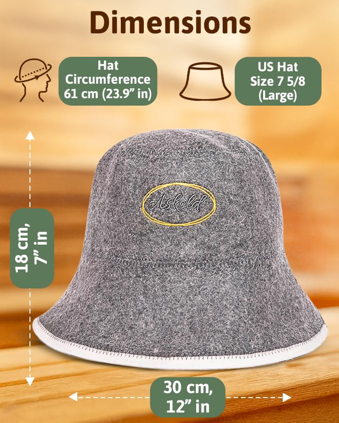 ASKOLD Sauna Hat for Women and Men - Natural Wool Sauna Bucket Cap to Protect Hair, Finnish Felt - Eco-Friendly Banya Hat Sauna Accessories (Gray)